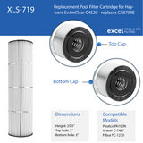 XLS-719 4 Pack Replacement Filter for Hayward SwimClear C4520. Also replaces Hayward CX875RE,  Pleatco PA100N, Unicel C-7487, Filbur FC-1270 filters.